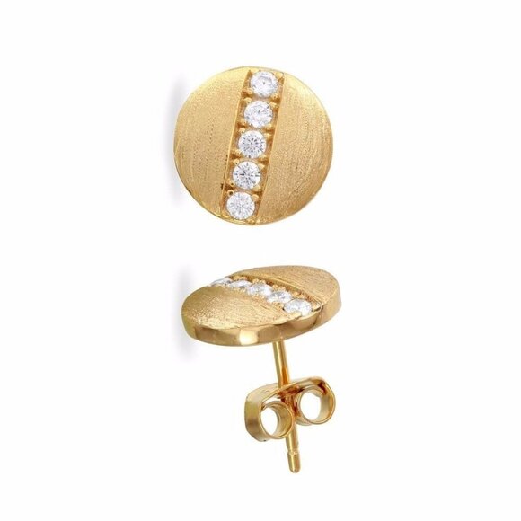 14K MATT FINISH YELLOW GOLD OVER 925 STERLING SILVER STUD EARRINGS W/ ACCENTS - Picture 2 of 2